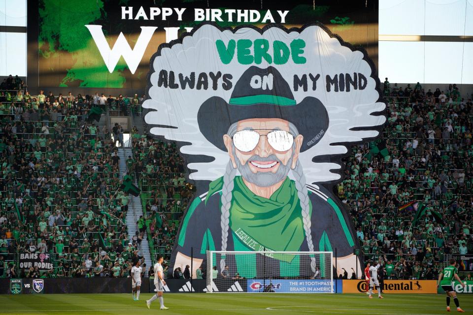 A banner honoring Willie Nelson's 90th birthday is displayed during Saturday night's Austin FC-San Jose Earthquakes match at Q2 Stadium.