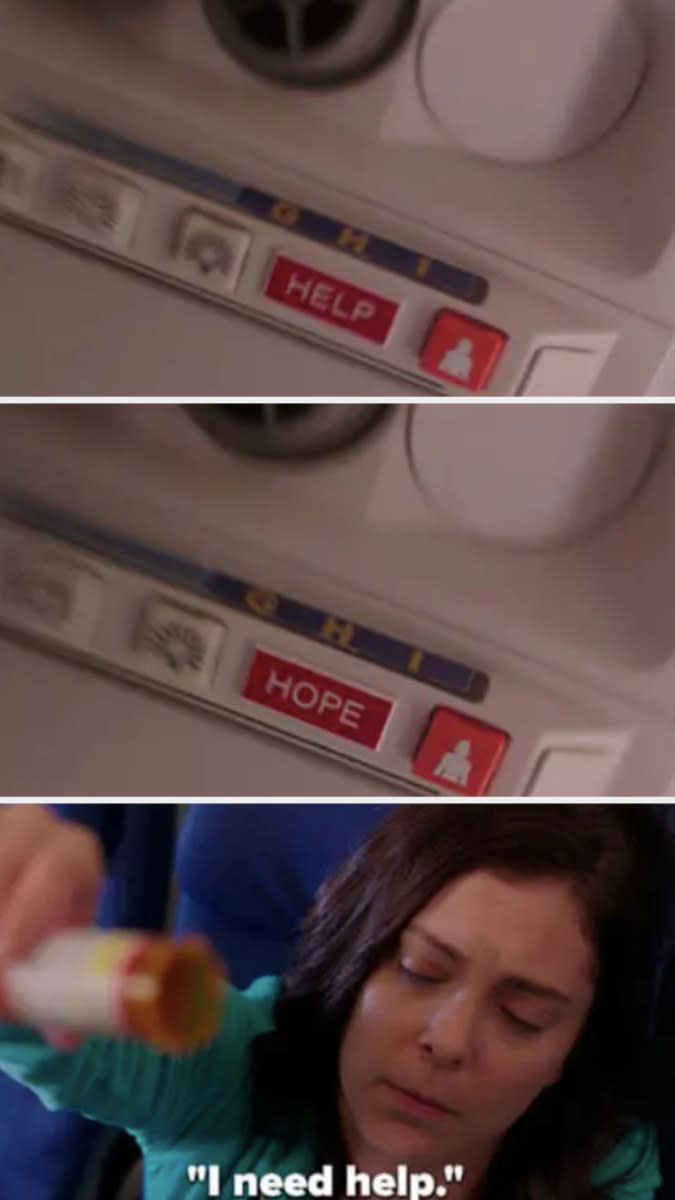 Rebecca sees the "help" sign flashing on the plane as she overdoses, "I need help"