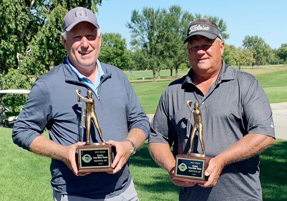 Mike Strandell (left) and Jim Waba of Watertown were among the five teams that tied for second in the senior division of the South Dakota Golf Association's Mid-Am, Pre-Senior and Senior Championships that were held Saturday and Sunday at the Prairie Winds Golf Club and Cattail Crossing Golf Course in Watertown. It's the second time Strandell and Waba have finished second in the division.