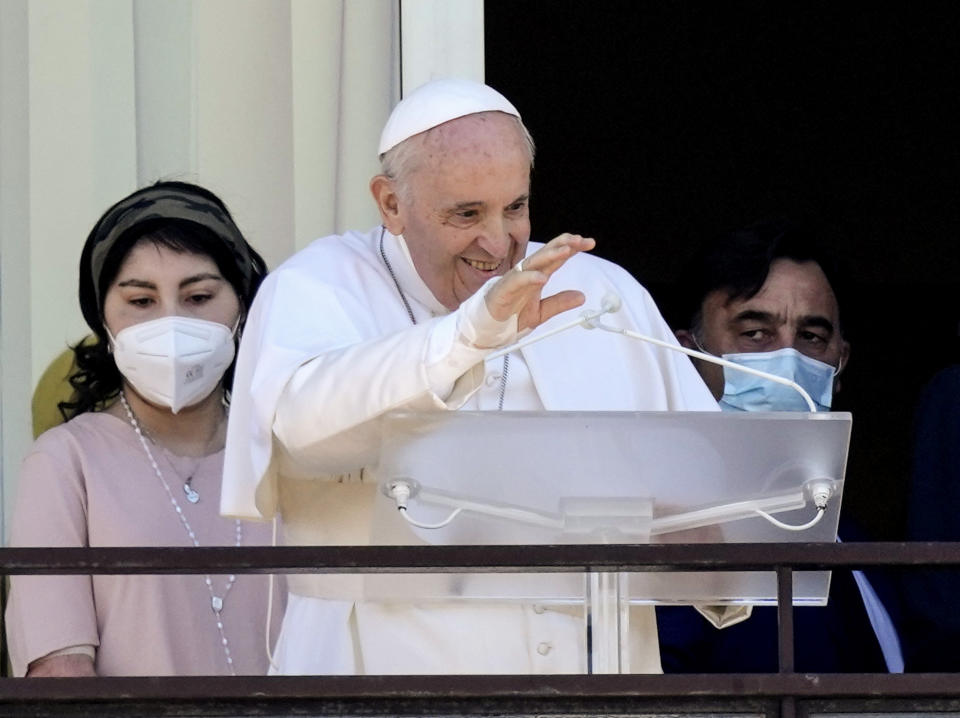 FILE-- Pope Francis appears on a balcony of the Agostino Gemelli University Polyclinic in Rome, Sunday, July 11, 2021, where he was recovering from intestinal surgery, for the traditional Sunday blessing and Angelus prayer. The Vatican said Francis, 86, would be put under general anesthesia for the procedure Wednesday afternoon, June 07, 2023, and would be hospitalized at Rome's Gemelli hospital for several days. (AP Photo/Alessandra Tarantino, file)
