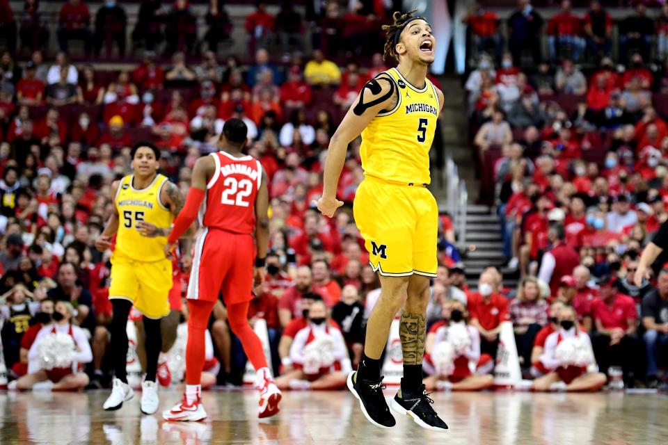 Michigan&#39;s Terrance Williams II reacts after a basket during the first half against Ohio State at Value City Arena on Sunday, March 6, 2022 in Columbus, Ohio.