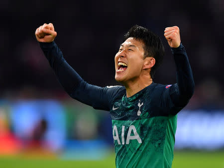 FILE PHOTO: Soccer Football - Champions League Semi Final Second Leg - Ajax Amsterdam v Tottenham Hotspur - Johan Cruijff Arena, Amsterdam, Netherlands - May 8, 2019 Tottenham's Son Heung-min celebrates after the match REUTERS/Dylan Martinez/File Photo