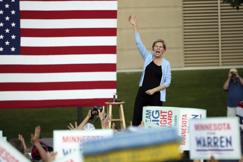 Democratic presidential candidate Elizabeth Warren, D-Mass., speaks during a rally Monday, Aug. 19, 2019 at Macalaster College during a campaign appearance in St. Paul, Minn. (AP Photo/Jim Mone)