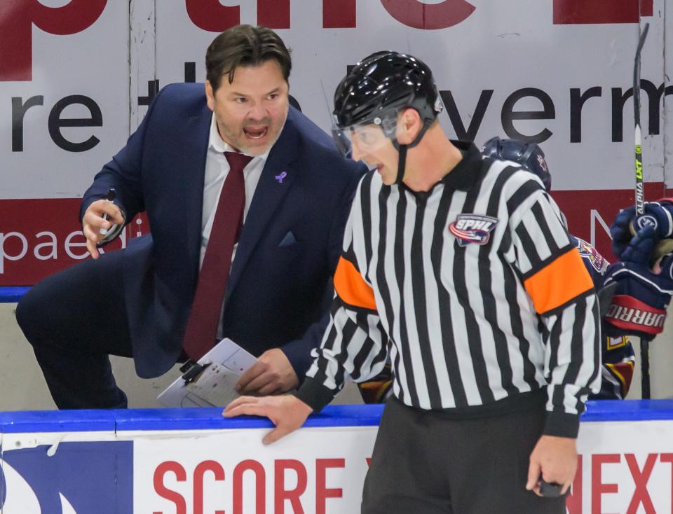 Peoria Rivermen head coach Jean-Guy Trudel expresses his displeasure with a penalty to an official in the third period Saturday, April 15, 2023 at Carver Arena. The Rivermen advanced to the semifinals of the SPHL playoffs with a 2-1 win over the Pensacola Ice Flyers.