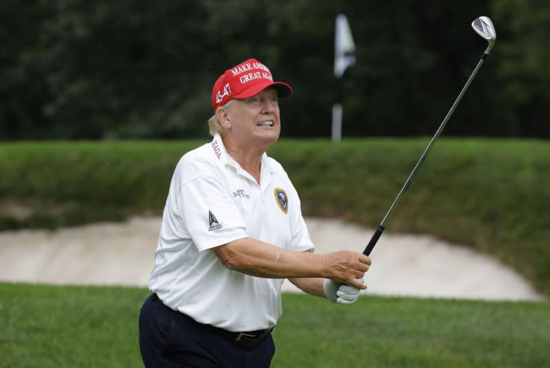 As two of his co-defendants in the classified documents case appeared in court Thursday, Donald Trump played golf at the LIV Golf- Bedminster Official Pro-Am Tournament on Thursday at his club in Bedminster, N.J. Photo by Peter Foley/UPI
