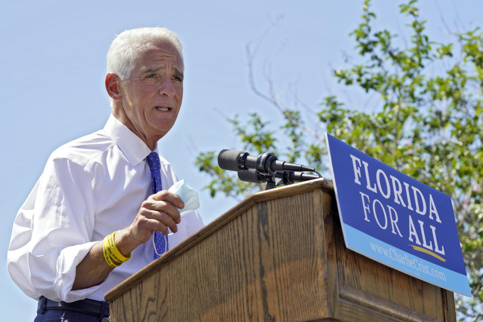 FILE - In this May 4, 2021, file photo Rep. Charlie Crist, D-St. Petersburg, gestures during a campaign rally as he announces his run for Florida governor in St. Petersburg, Fla. (AP Photo/Chris O'Meara, File)