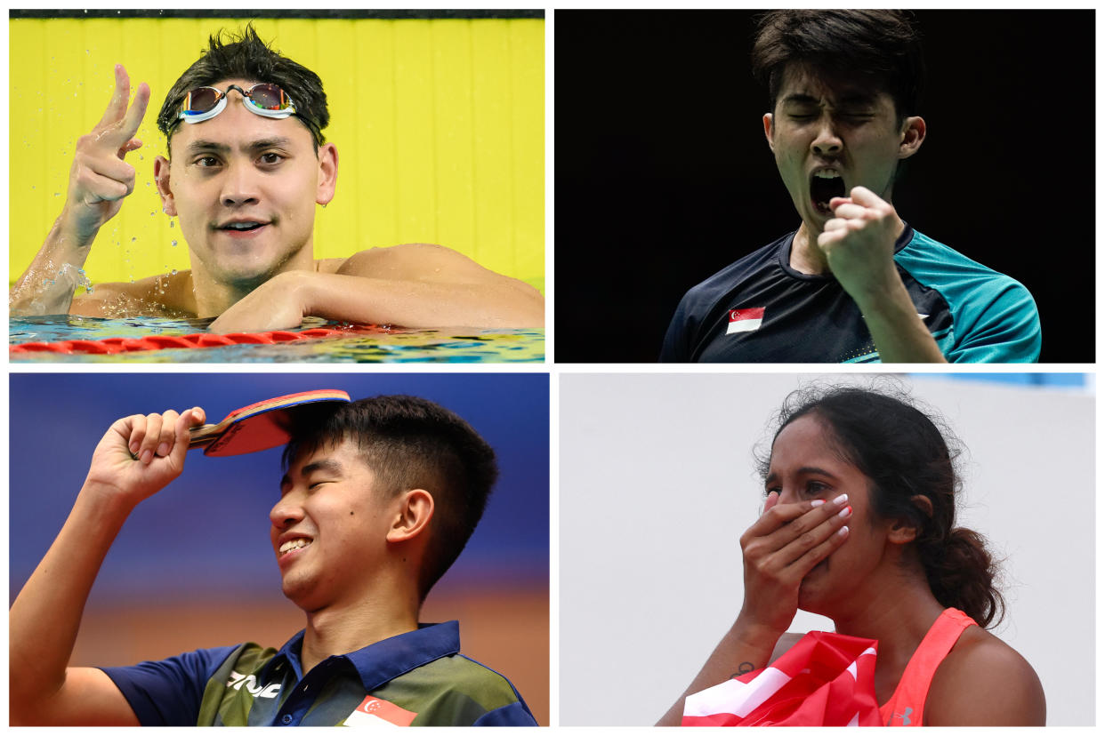 Singapore athletes (clockwise from top left) Joseph Schooling, Loh Kean Yew, Shanti Pereira and Koen Pang at the Hanoi SEA Games. (PHOTO: SNOC/Sport Singapore)