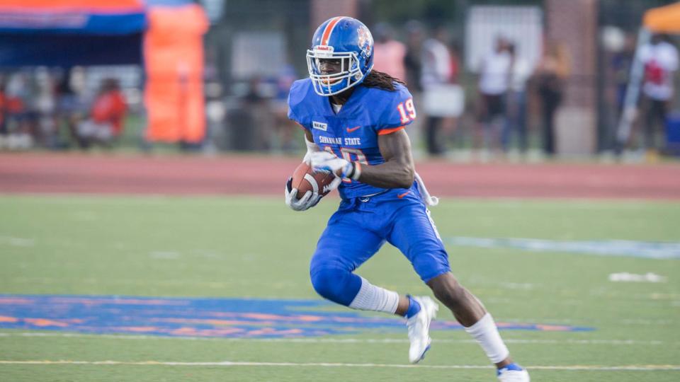 Savannah State safety Marvin Grunshie runs down the field following an interception against Benedict College on Sept. 18, 2021 at T.A. Wright Stadium.