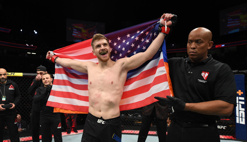 LAS VEGAS, NV - MARCH 02:  Edmen Shahbazyan celebrates his win against Charles Byrd in their middleweight bout during the UFC 235 event at T-Mobile Arena on March 2, 2019 in Las Vegas, Nevada.  (Photo by Jeff Bottari/Zuffa LLC/Zuffa LLC)