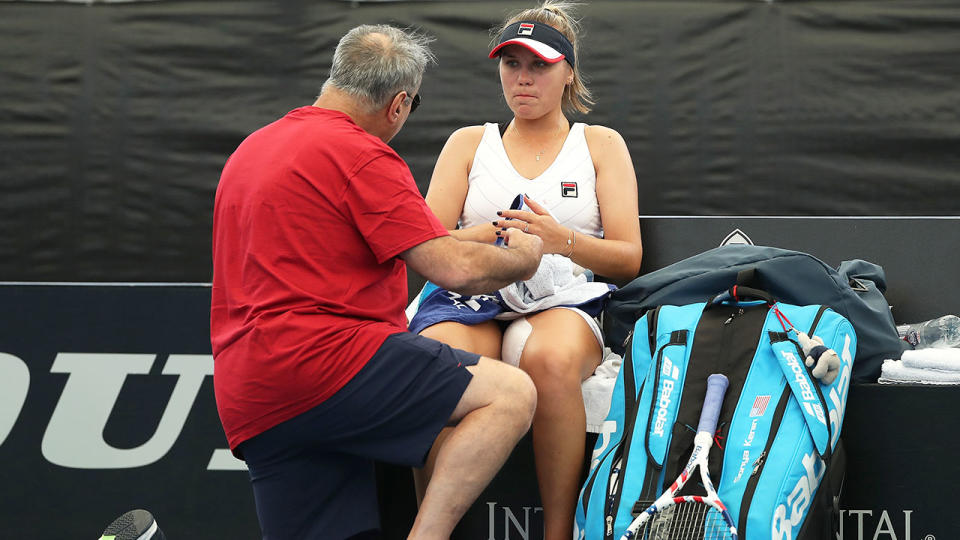 Seen here, Sofia Kenin's father Alex gives her a pep talk during a tennis match.