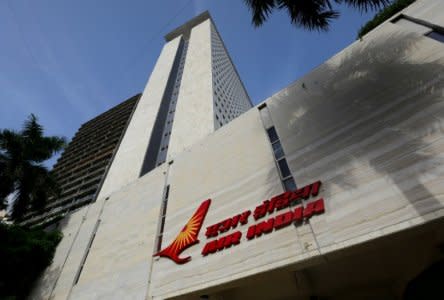 FILE PHOTO - The Air India logo is seen on the facade of its office building in Mumbai, July 7, 2017. REUTERS/Danish Siddiqui/Files