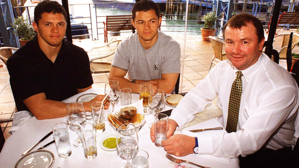 League stars Henry Paul (L) and Robbie Paul (C) take a photo at lunch with Auckland Warriors Managing Director Graham Lowe (R).