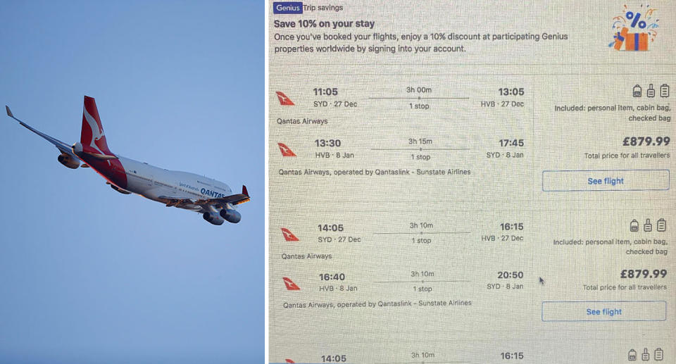 Left, Qantas plane can be seen in the sky. Right, screenshot of the Aussies flight prices. 