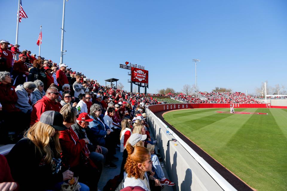 Fans fill the stands during a game on March 1 between OU and Miami (Ohio) on opening day at the new Love's Field in Norman.