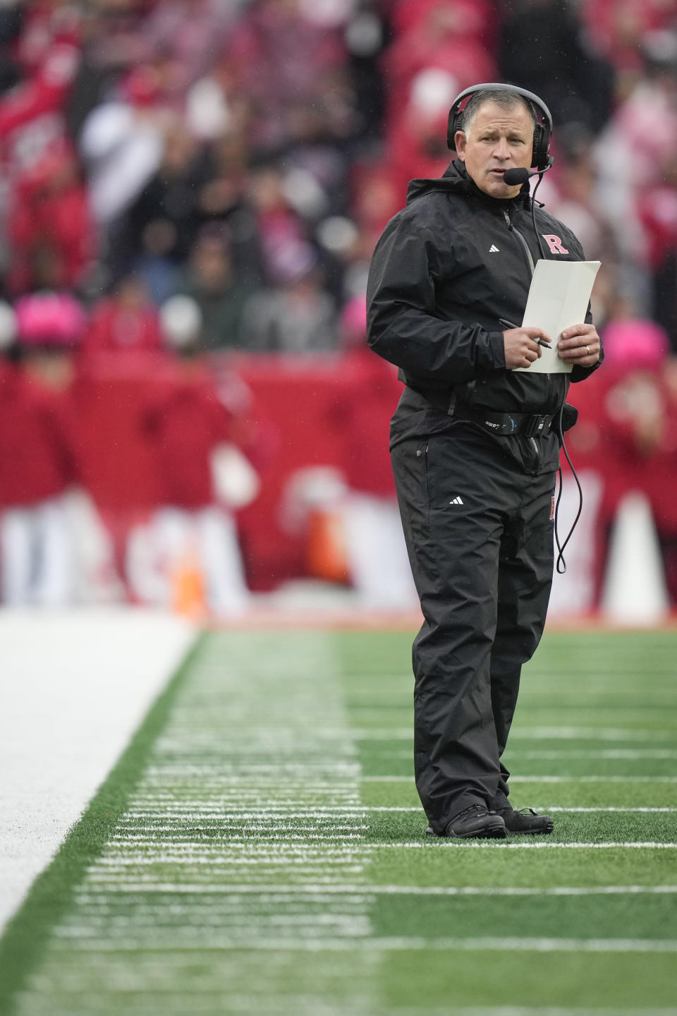 Rutgers head coach Greg Schiano stands on the field during the first half of an NCAA college football game against Michigan State, Saturday Oct. 14, 2023, in Piscataway, N.J. (AP Photo/Bryan Woolston)