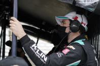 Dalton Kellett, of Canada, waits in his pit box during testing at the Indianapolis Motor Speedway, Thursday, April 8, 2021, in Indianapolis. (AP Photo/Darron Cummings)