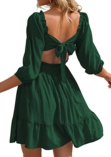 Phortric Womens Tie Back Summer Dress Square Neck Long Lantern Sleeve Off Shoulder A-Line Casual Mini Dresses