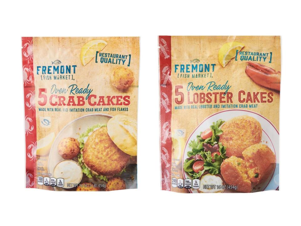 One bag of Fremont Fish Market crab cakes and one bag of lobster cakes.