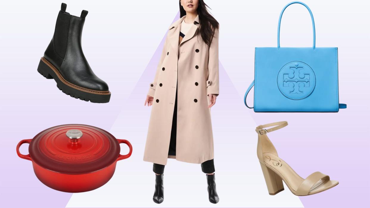 woman wearing trench coat, blue tory burch bag, red le creuset dutch oven, nude heel and black bootie on a purple background.