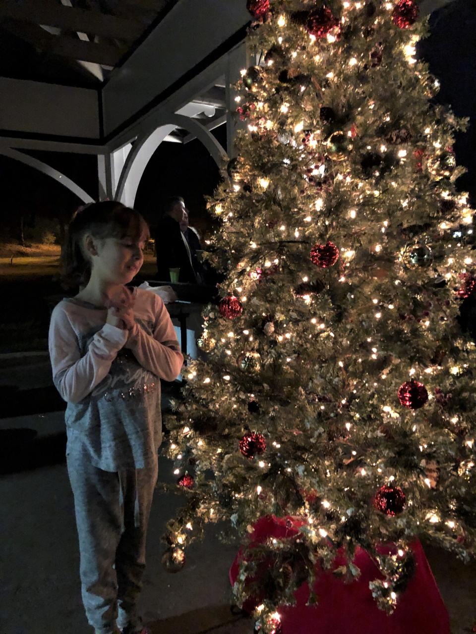 Amelia Houston admires the Fountain City Park Christmas tree in December 2019.