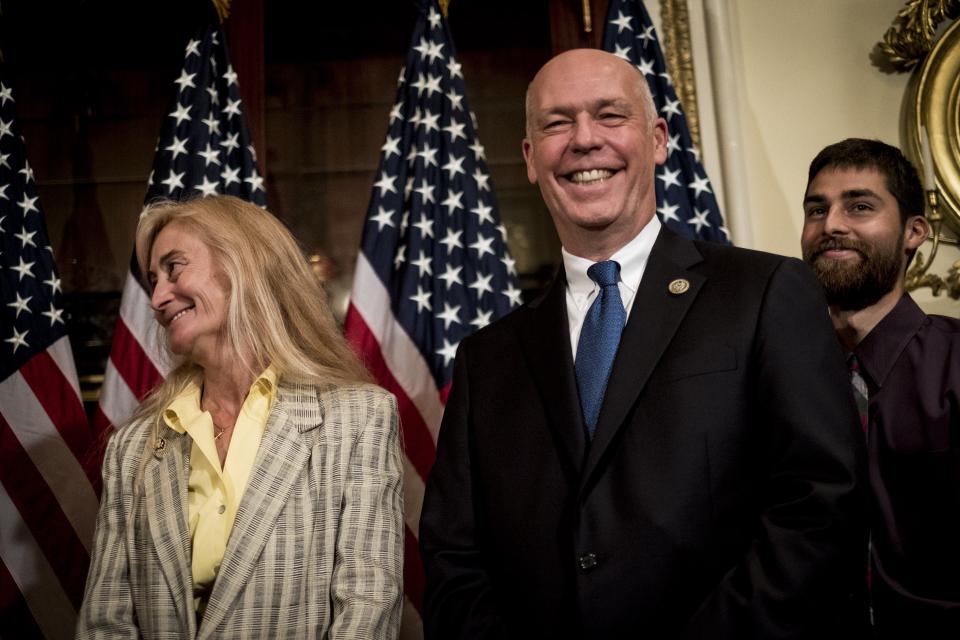 Joined by his wife, Susan and son, Adam, Montana Republican Greg Gianforte speaks to the media as he waited to be ceremonially sworn in by Speaker of the House Paul Ryan, R-Wis. on June 21, 2017 in Washington, DC.