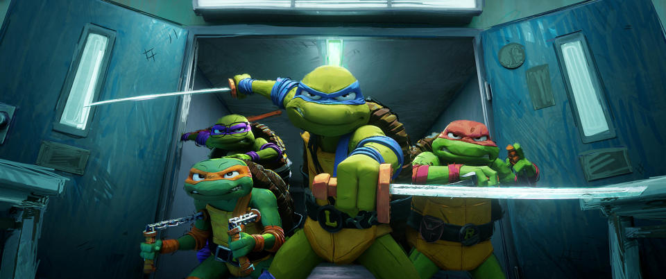 L-R: Donatello, Michelangelo, Leonardo and Raphael in Teenage Mutant Ninja Turtles: Mutant Mayhem. (Paramount)