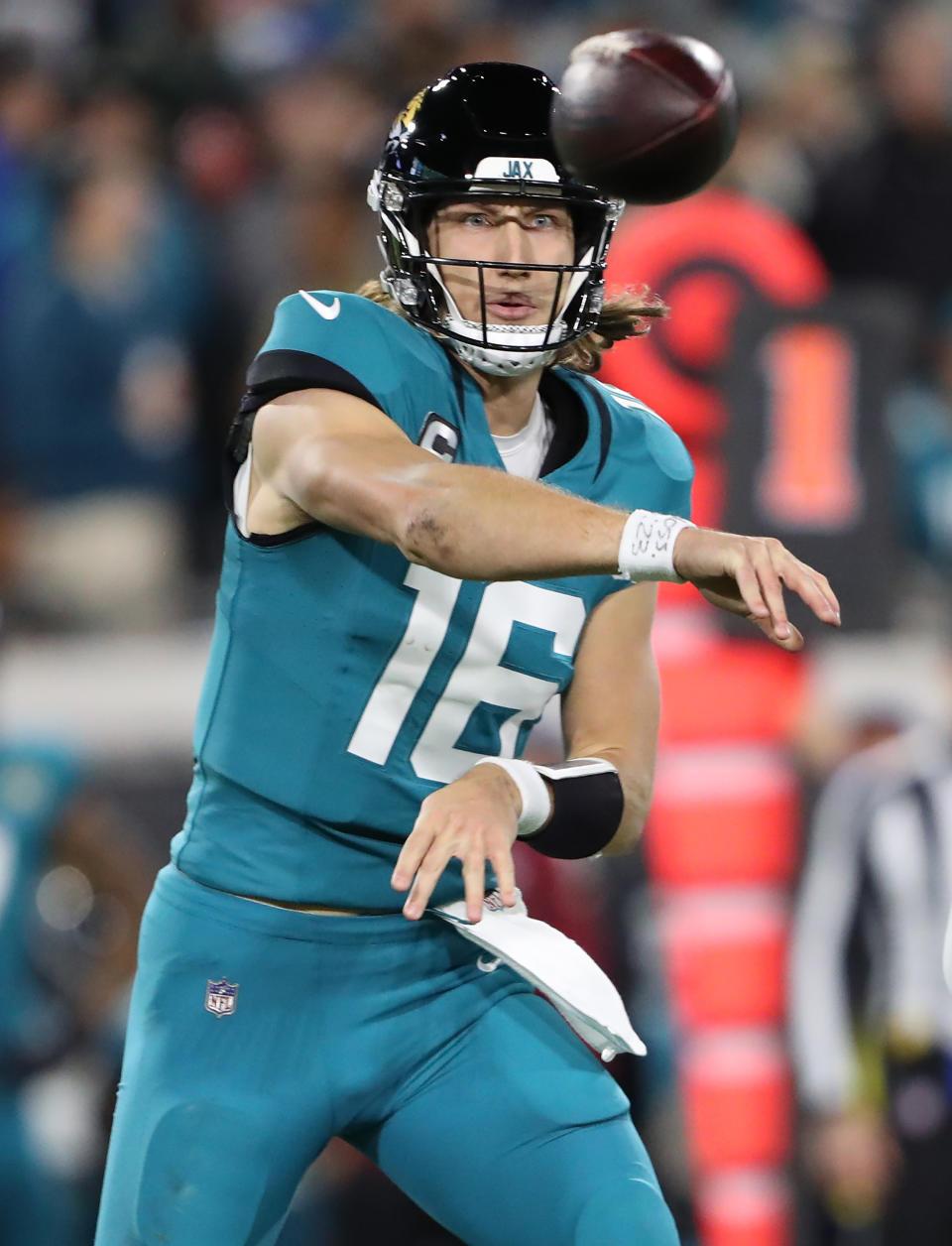 JACKSONVILLE, FLORIDA – DECEMBER 17: Trevor Lawrence #16 of the Jacksonville Jaguars throws a pass against the Baltimore Ravens during the third quarter at EverBank Stadium on December 17, 2023 in Jacksonville, Florida. (Photo by Courtney Culbreath/Getty Images)