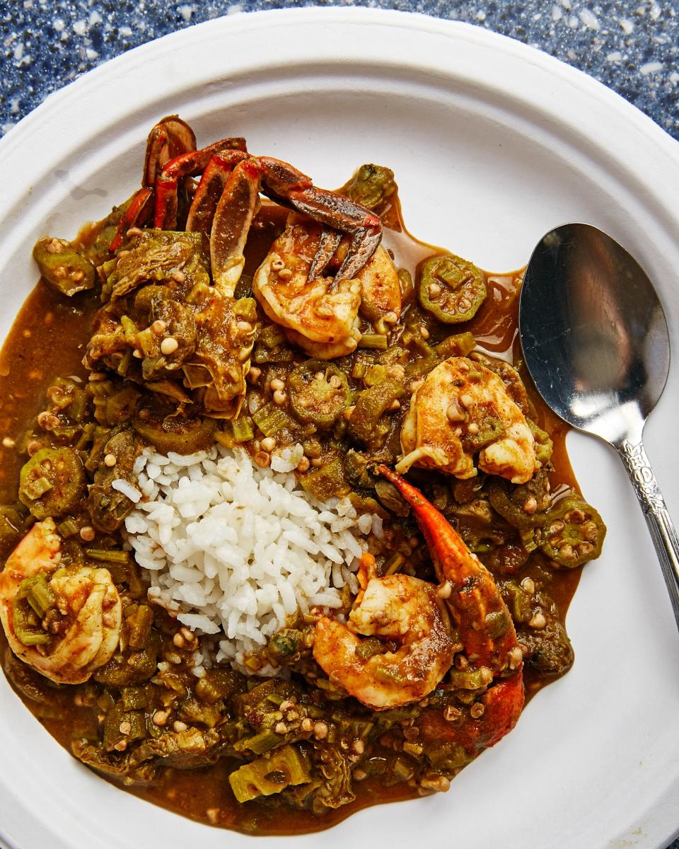 Dennis' spicy seafood gumbo with okra, whole shrimp, and blue crab claws