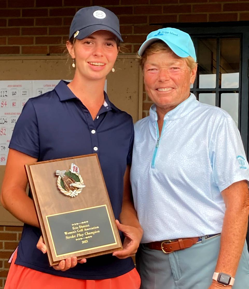 Anna Swan poses with EDWGA Stroke Play Tournament director on Sunday at Lake View Country Club. Swan, a North East, senior, won the event with a 36-hole total of 6-over par 150. She was the tournament's co-champion with Lydia Swan, her older sister, in 2021.