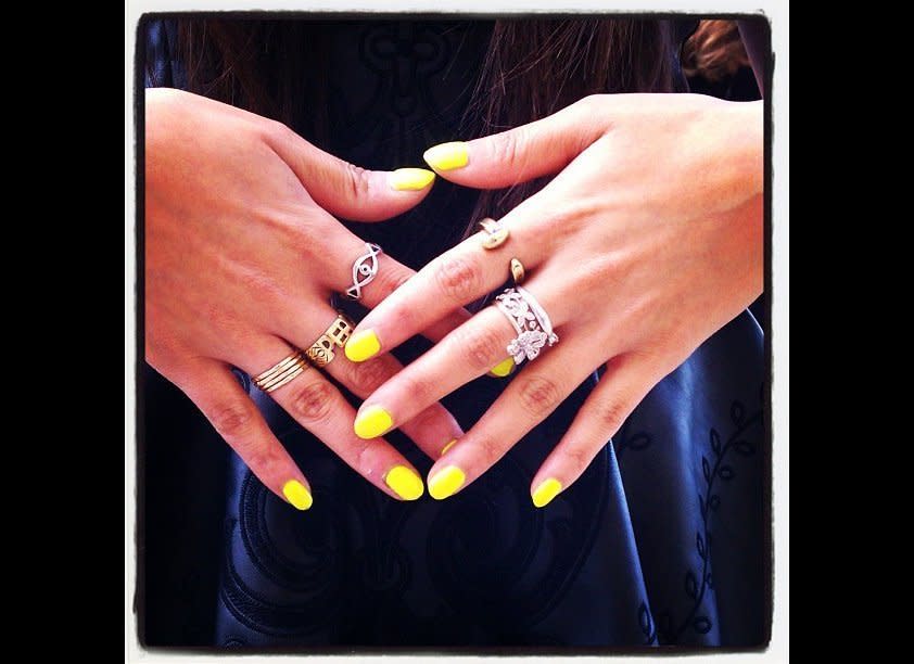 @Oliviaan outside of Derek Lam wearing American Apparel neon yellow polish - @raydenesalinas #nyfw #nails  