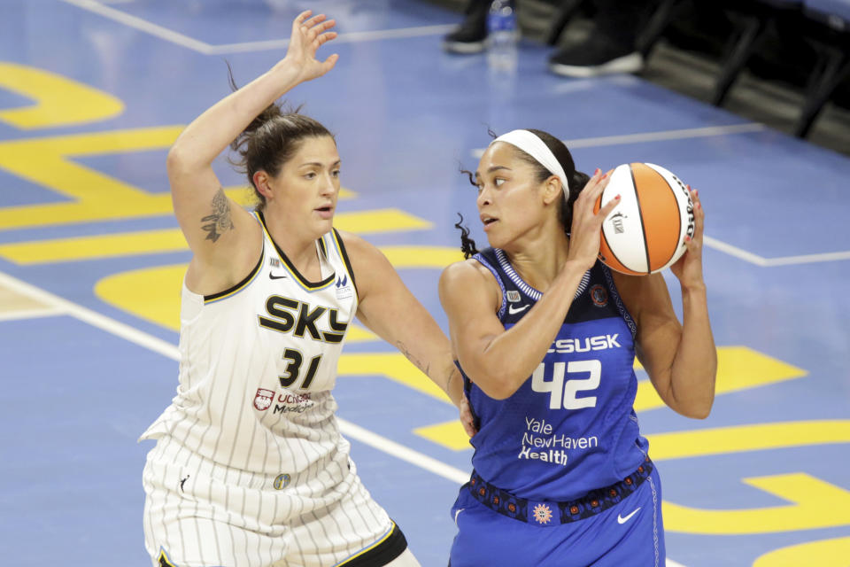 Chicago Sky center Stefanie Dolson (31) guards Connecticut Sun forward Brionna Jones (42) during a WNBA basketball game Saturday, June 19, 2021, in Chicago. (AP Photo/Eileen T. Meslar)