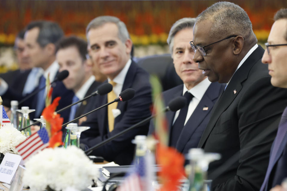 U.S. Defense Secretary Lloyd Austin, second right, with Secretary of State Antony Blinken, third right, speaks during the so-called "2+2 Dialogue" with India's Foreign Minister Subrahmanyam Jaishankar and Defense Minister Rajnath Singh at the foreign ministry in New Delhi, India, Friday, Nov. 10, 2023. (Jonathan Ernst/Pool Photo via AP)