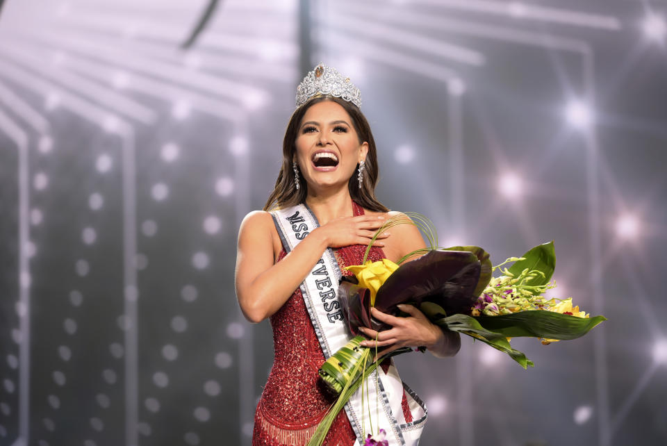 This image released by Miss Universe Organization shows Miss Universe Mexico 2020 Andrea Meza who was crowned Miss Universe at the 69th Miss Universe Competition at the Seminole Hard Rock Hotel & Casino in Hollywood, Fla. on Sunday, May 16, 2021. (Benjamin Askinas/Miss Universe via AP)