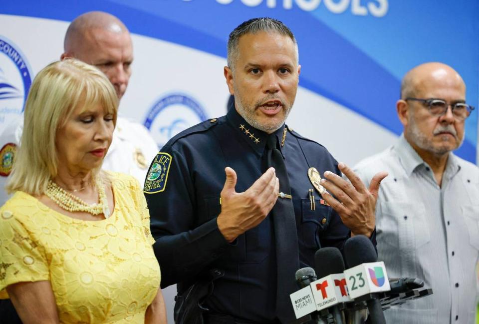 Chief of the Miami-Dade Schools Police Department Ivan Silva speaks to reporters after a large-scale active shooter drill at Miami Central Senior High in Miami, Florida on Thursday, July 18, 2024.