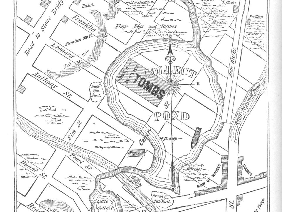 Illustration (from 1874) depicting a map of 'Collect Pond,' overlain with the site of The Tombs prison and the notorious Five Points intersection of Cross Street (or Park), Anthony Street (or Worth), and Orange Street (or Baxter). The Collect Pond functioned as New York City's primary water supply for its first two centuries of settlement.