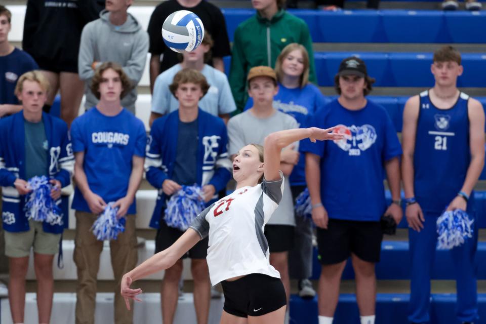 Mountain Ridge’s Sadie White hits the ball toward Bingham in a volleyball match in South Jordan on Tuesday, Sept. 12, 2023. | Spenser Heaps, Deseret News