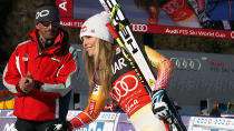 Lindsey Vonn of the USA takes 1st place during the Audi FIS Alpine Ski World Cup Women's SuperG on January 15, 2012 in Cortina d'Ampezzo, Italy.