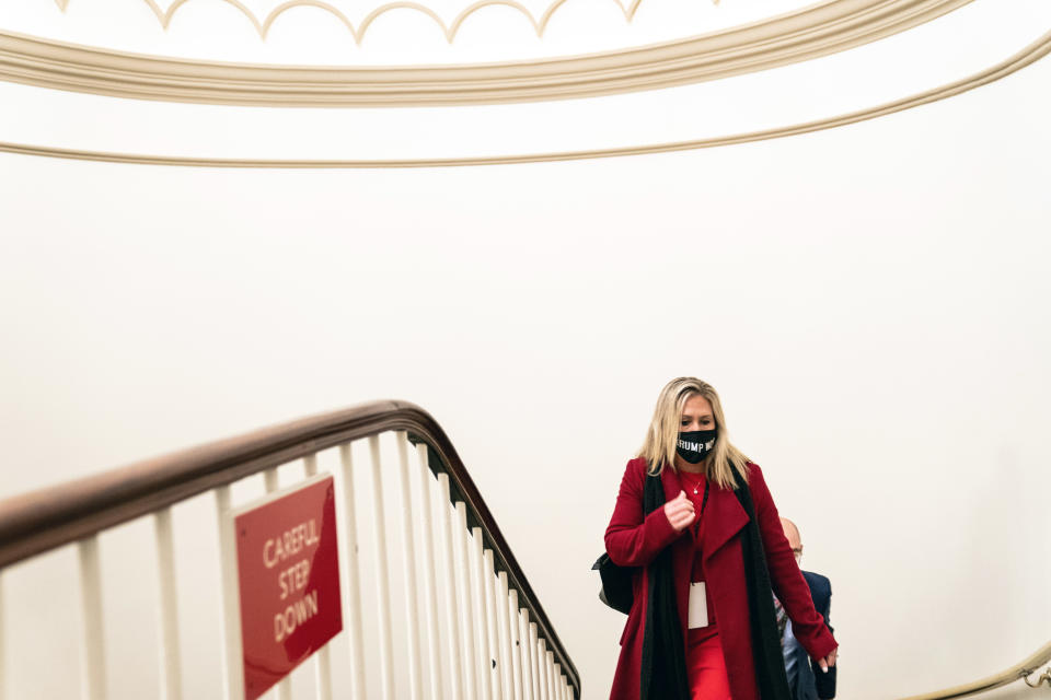 La representante republicana por Georgia, Marjorie Taylor Greene, electa al Congreso en noviembre de 2020, ha difundido durante años teorías falsas, entre las cuales se encuentran algunas relacionadas con masacres. (Anna Moneymaker/The New York Times).