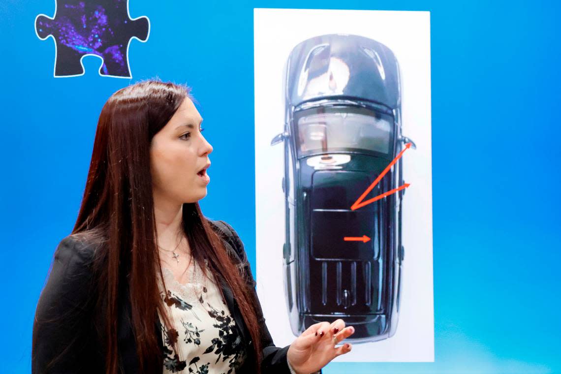 Asst. State Attorney Kristine Bradley stands in front of a diagram of the trajectory of bullets into the car as she gives her closing argument in the trial of Jamell Demons, better known as rapper YNW Melly, at the Broward County Courthouse in Fort Lauderdale on Wednesday, July 20, 2023. Demons, 22, is accused of killing two fellow rappers and conspiring to make it look like a drive-by shooting in October 2018. (Amy Beth Bennett / South Florida Sun Sentinel) Amy Beth Bennett/South Florida Sun Sentinel