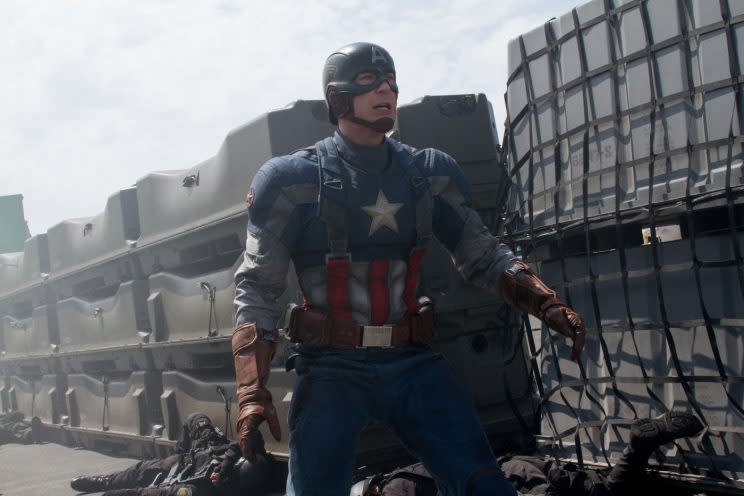 Evans... will be back for the fourth Avengers movie - Credit: Marvel/Disney