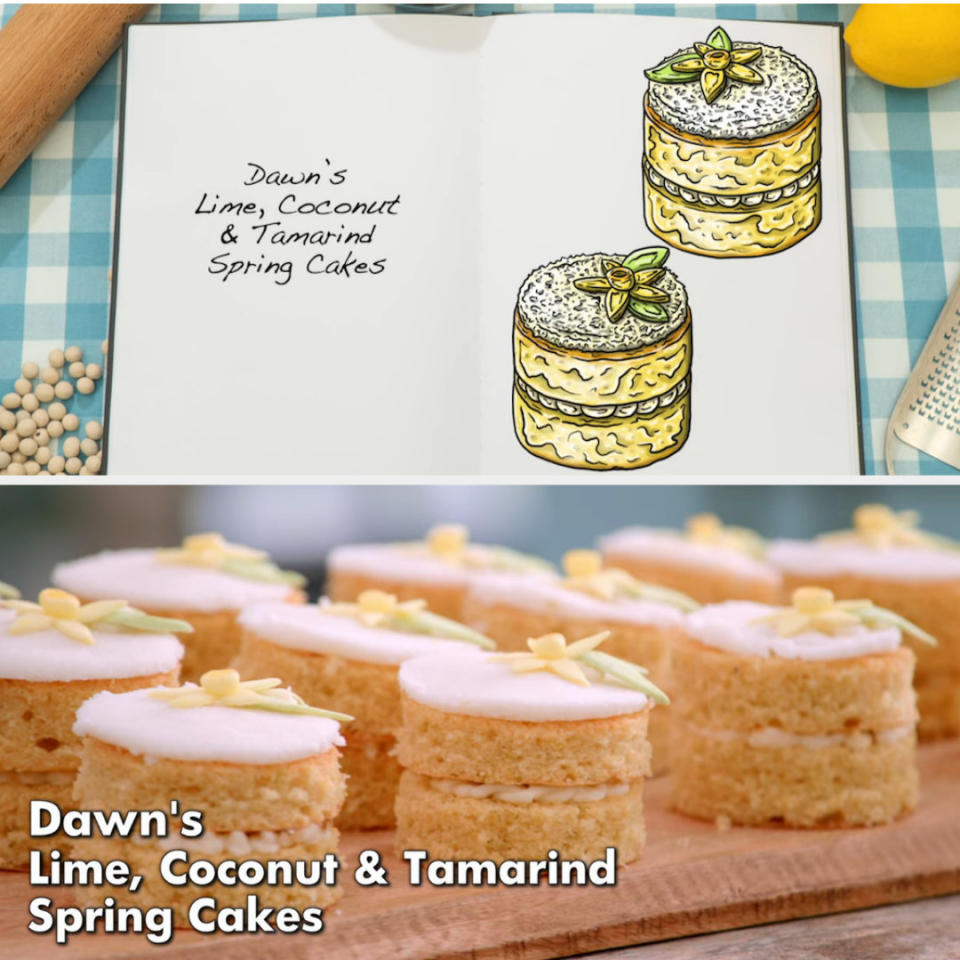 Drawing of Dawn's mini cakes side by side with the actual bake