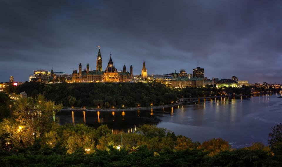 Panoramic view of Downtown Ottawa and the Parliament of Canada. Taken from Nepean Point, Ontario, Canada.