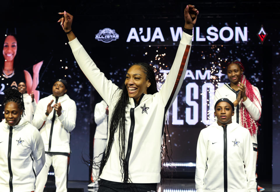 LAS VEGAS, NEVADA - JULY 15:  A'ja Wilson #22 of Team Wilson is introduced prior to the 2023 WNBA All-Star game at Michelob ULTRA Arena on July 15, 2023 in Las Vegas, Nevada. (Photo by Jamie Squire/Getty Images)