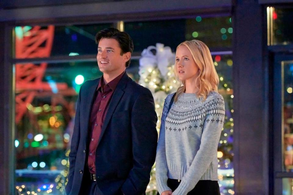 Wes Brown and Jessy Schram in the Hallmark movie “A Nashville Christmas Carol.”