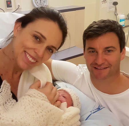 New Zealand Prime Minister Jacinda Ardern is seen with her baby daughter and partner Clarke Gayford at Auckland City Hospital, in Auckland, New Zealand June 21, 2018. Courtesy Office of the Prime Minister of New Zealand/via REUTERS