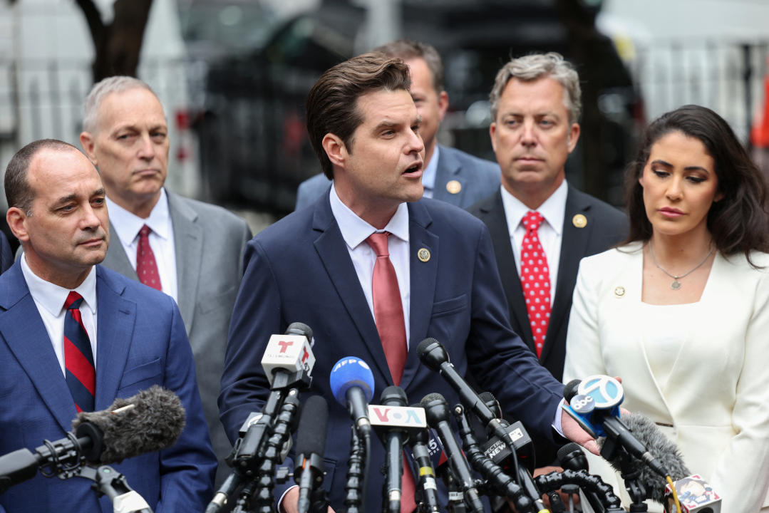 Rep. Matt Gaetz (R-FL) speaks during a press conference after attending the trial of former U.S. President Donald Trump at Manhattan Criminal Court in New York City on May 16, 2024. (Andrew Kelly/Reuters)