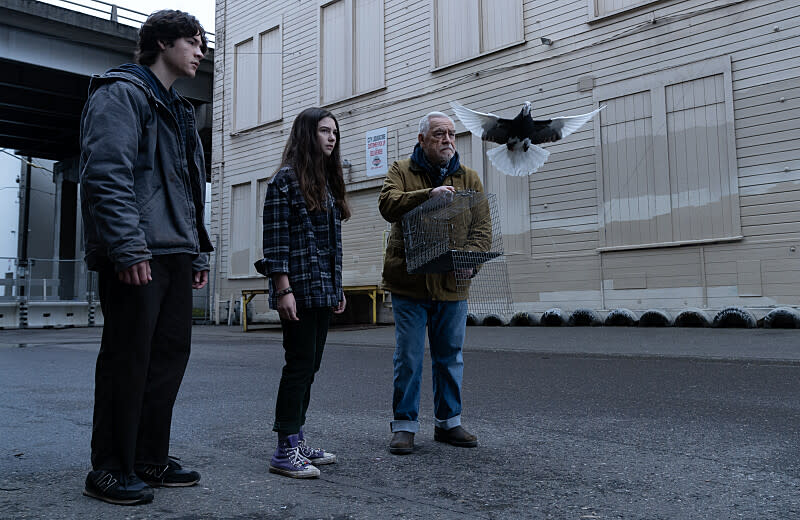 Simon Khan as Matt, Brooklynn Prince as Kaitlyn and Brian Cox as Jaan in Little Wing