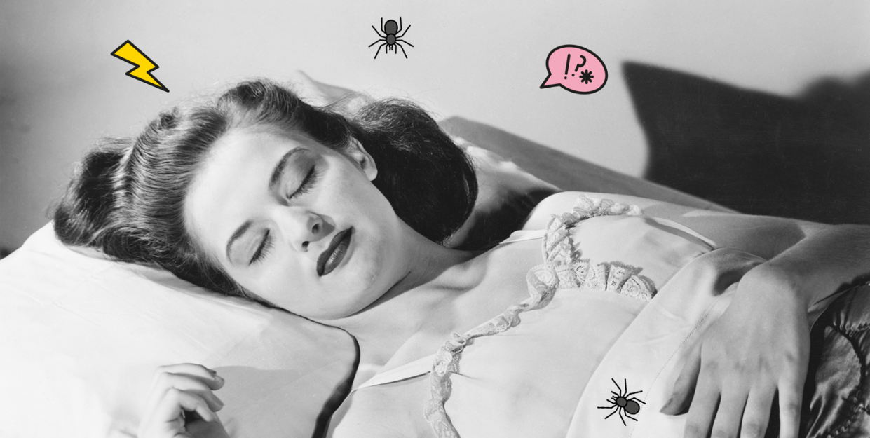 vintage photo of woman sleeping in bed with spider, lightning bolt, and speech bubble icons around her