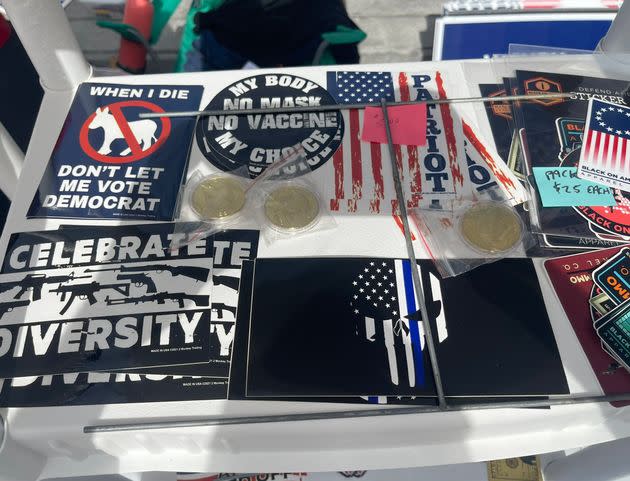 Stickers for sale on the steps of the Pennsylvania State Capitol Building during a rally for Mastriano. (Photo: Christopher Mathias for HuffPost)