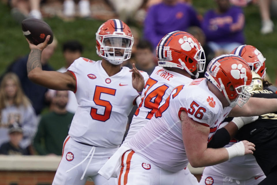 Clemson quarterback DJ Uiagalelei (5) looks to pass against Wake Forest in Winston-Salem, N.C., Saturday, Sept. 24, 2022. (AP Photo/Chuck Burton)